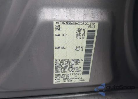 2013 Nissan Altima 2.5 Sl z USA, uszkodzony, nr VIN 1N4AL3AP1DC276822